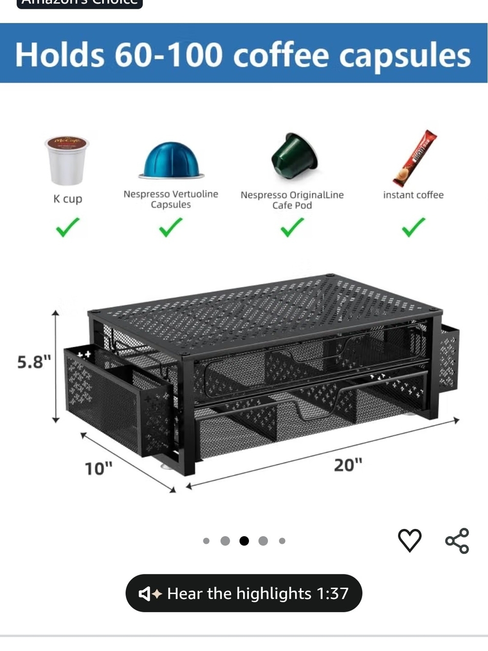 Black Mesh Coffee Capsule Organizer Drawer - Home Storage & Organization